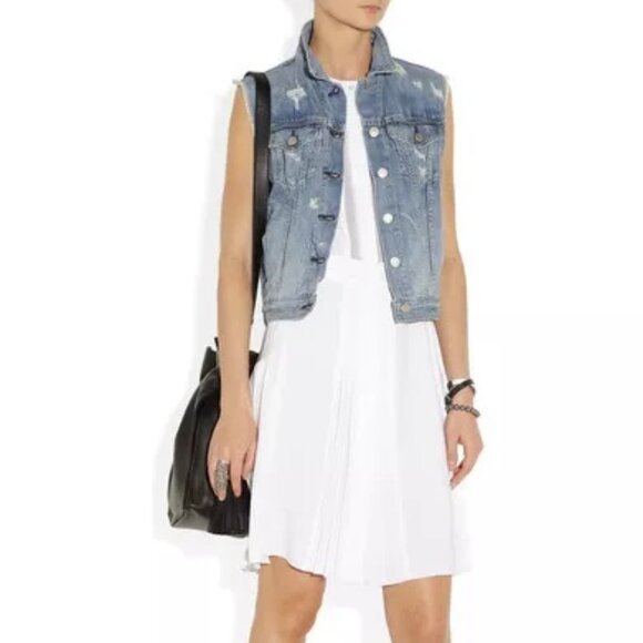 Rag & Bone/JEAN Distressed Blue Cotton Collared Denim Sleeveless Vest Gilet